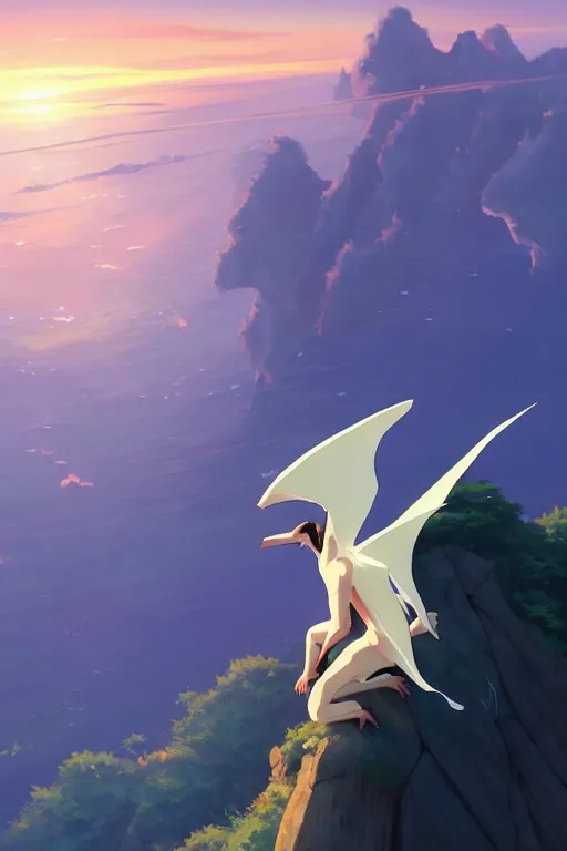 Prompt: a large smooth skinned white creature hybrid pterosaur, sitting on a cliff high in the sky, sunset, backlit, beautiful composition, by makoto shinkai an krenz cushart