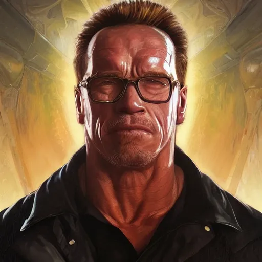 Image similar to portrait of The Nostalgia Critic as Arnold Schwarzenegger, epic, intricate, headshot, highly detailed, digital painting, artstation, concept art, sharp focus, illustration, art by artgerm and greg rutkowski and alphonse mucha