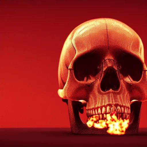 Prompt: a highly detailed human skull on fire in front of a glowing red background, 3 d, fire through eyes, octane render, symmetrical, hyper realism, highly detailed, digital art, artstation, concept art, cinematic lighting, strong bokeh, trending