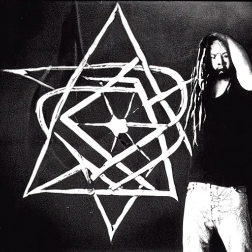 Image similar to a nu-metal musician using a pentagram to conjure the lord of metal music. Horror film production photo from the 1990s.