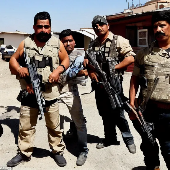 Image similar to the fearsome og shadow, mexican cartel leader, with his heavily armed men, award - winning photography