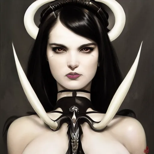 Image similar to An Attractive woman with Black hair wearing a white dress with curved demon horns lustfully looking into the camera, detailed, centered, digital painting, artstation, concept art, donato giancola, Joseph Christian Leyendecker, WLOP, Boris Vallejo, Breathtaking, 8k resolution, extremely detailed, beautiful, establishing shot, artistic, hyperrealistic, beautiful face, octane render, cinematic lighting, dramatic lighting, masterpiece