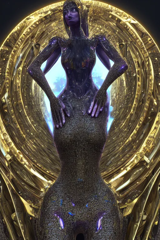 Image similar to a highly detailed metahuman 4 k close up render of an alien goddess bella hadid as galaxy in iris van herpen dress schiaparelli in diamonds crystals swarovski and jewelry in style of alphonse mucha gustav klimt trending on artstation made in unreal engine 4