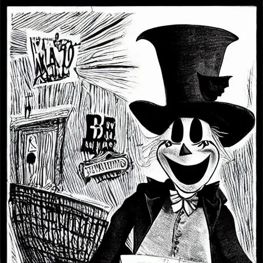 Image similar to a Pop Wonder scary horror themed goofy-hilarious-character Babadook-scarecrow-madhatter-williewonka-wearing a scarf, 3-piece-suit, dime-store-comic drawn with charcoal and pen and ink, half-tone-line-stacking