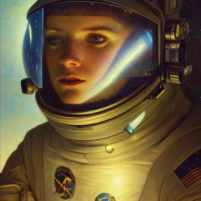 Image similar to astronaut with reflections on visor, diffuse lighting, fantasy, intricate, elegant, highly detailed, lifelike, photorealistic, digital painting, artstation, illustration, concept art, smooth, sharp focus, art by John Collier and Albert Aublet and Krenz Cushart and Artem Demura and Alphonse Mucha