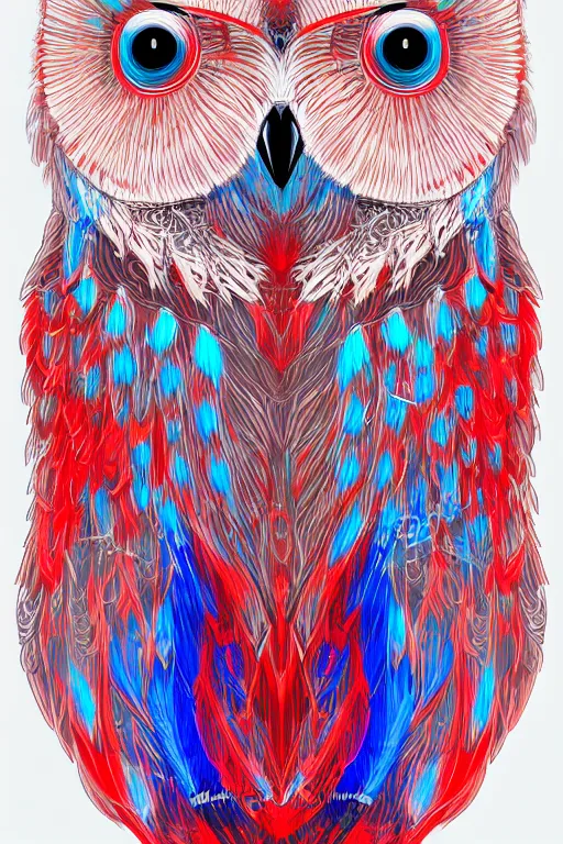 Image similar to glowing owl, white, red and blue colours, highly detailed, digital art, sharp focus, trending on art station