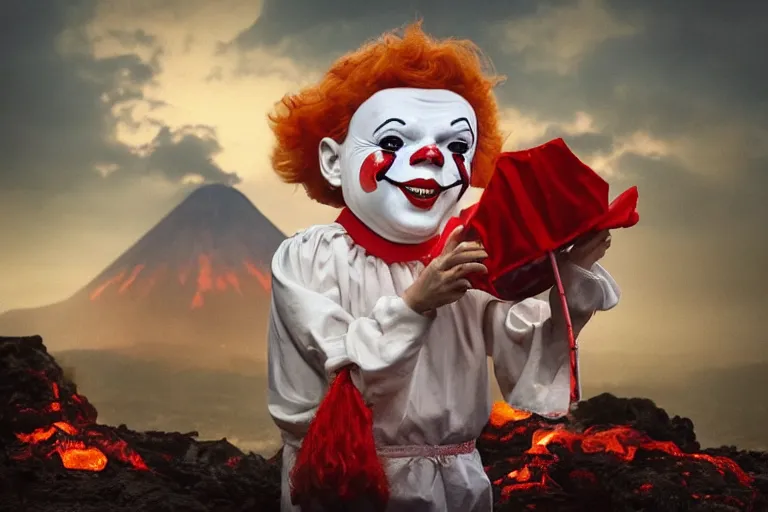 Prompt: pennywise as pulcinella!!! holding a pizza! with vesuvius in the background, glowing pools of lava, cloudy sky, an ultrafine detailed painting by joe fenton, full body, wide angle, post - apocalyptic feel, big depth of field, 3 d octane render, 4 k, perfect symmetrical face, masterpiece, hyperrealistic, trending on deviantart