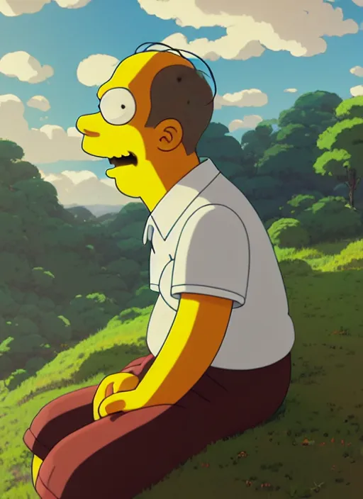 Prompt: portrait of homer simpson, cloudy sky background lush landscape illustration concept art anime key visual trending pixiv fanbox by wlop and greg rutkowski and makoto shinkai and studio ghibli