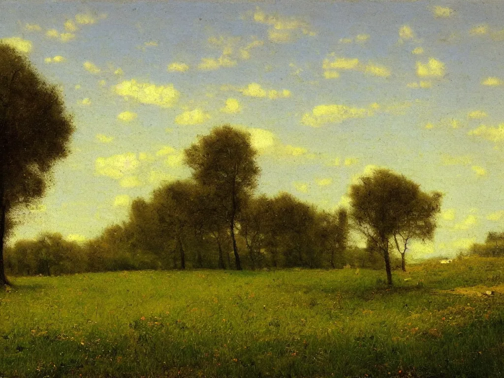 Image similar to a beautiful landscape, springtime morning, by george inness, oil on canvas, luminism, hyperrealism