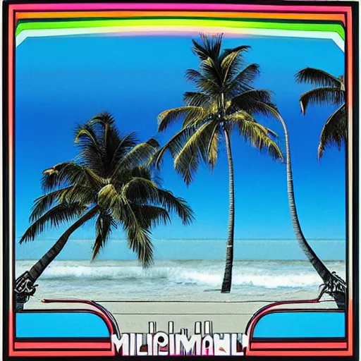 Image similar to miracle musical Hawaii part ii album cover, showing an ocean in the background, spiral transparent stairs on the left with tall palm trees behind it, a slight rainbow in the background, white outline border, moon in the right top area black and white except for the rainbow album cover rainbow text in the center reading Hawaii part ii, 80s Japanese