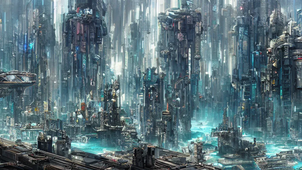 Image similar to epic grandiose cyberpunk city built underwater, fantasy, futuristic,, hyperrealistic, highly detailed, 4 k hd