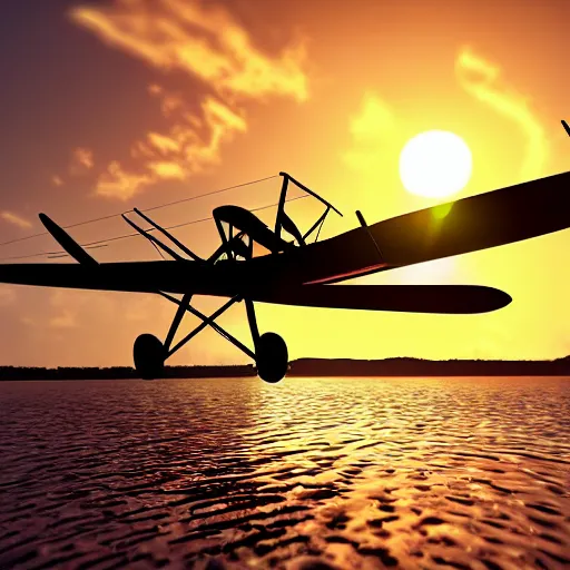 Image similar to a small engine biplane taking off over a lagoon in Thailand, sunset, synthwave, highly detailed, Ultra HD, unreal engine,