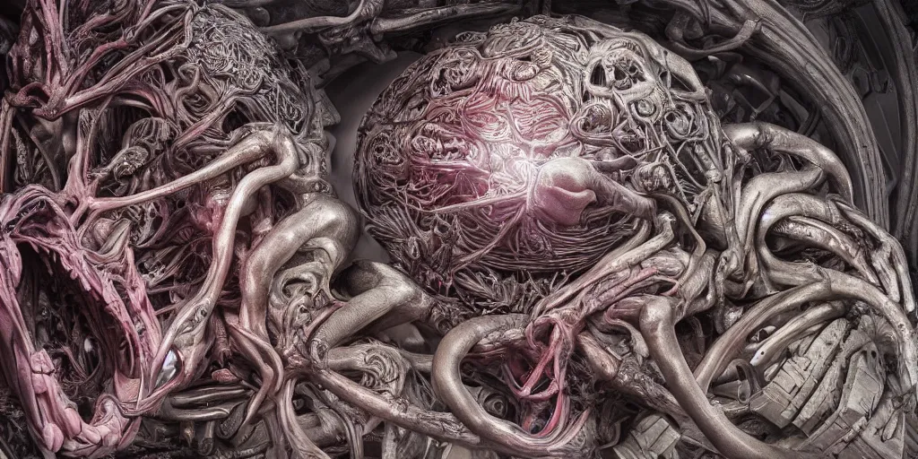 Image similar to dreamscape, giger, vivid colors, anatomical, highly detailed sculpture, intricate detailed, ommatidia, 8 k, cinematic atmosphere, post - processing