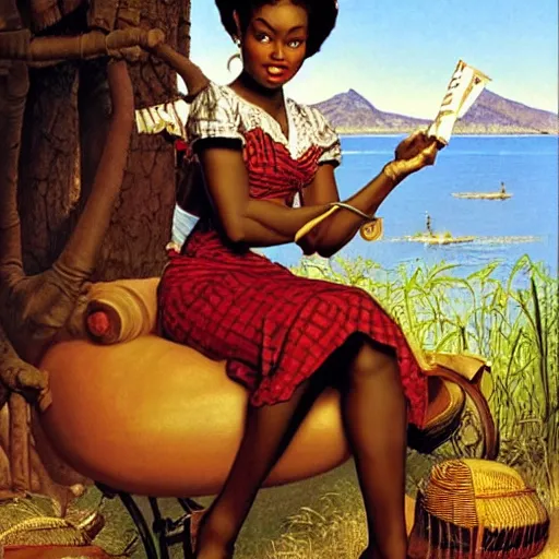 Prompt: an african queen by gil elvgren and norman rockwell and rob gonsalves, hyperrealistic, high detail