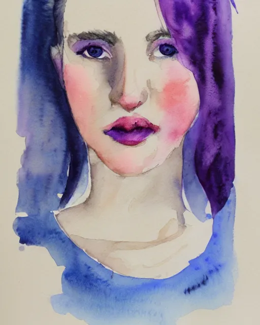 Image similar to watercolor picture of a beautiful young woman in white dress, looking back at the camera, blue eyes, purple hair, high key, watercolor