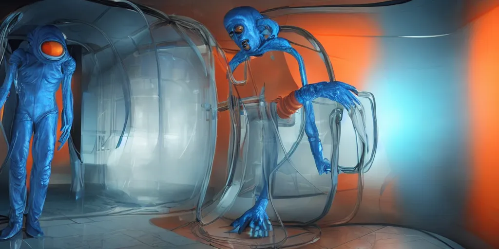 Prompt: team of sci - fi scientists in blue bio - hazard suits research creepy alien in stasis capsule filled water with orange light, high detail, dark environment, volumetric light, unreal engine 5, digital art