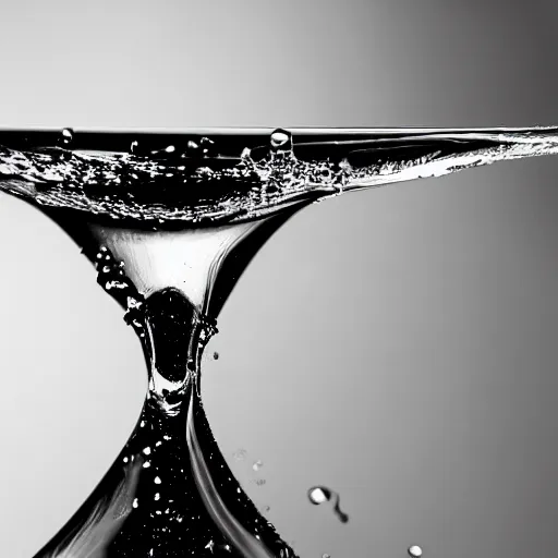 Prompt: 35 mm closeup of glass of water with a single drop of oil in it B&W, white background