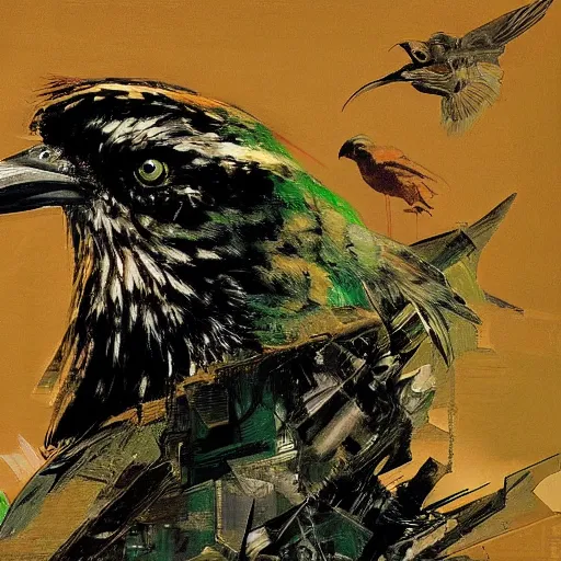 Prompt: the progressive rasterization of a bird from mechanical being to pixels, oil on canvas by dave mckean and yoji shinkawa and ivan shishkin