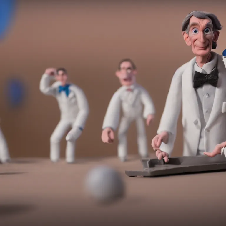 Image similar to a cinematic film still of a claymation stop motion film starring bill nye, shallow depth of field, 8 0 mm, f 1. 8