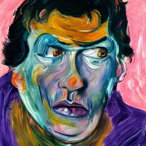 Image similar to high quality high detail expressionist painting of a man in agony by lucian freud and jenny saville and francis bacon and francisco goya and edvard munch, hd, anxiety, seated at table crying and screaming, turquoise and purple and orange and pink