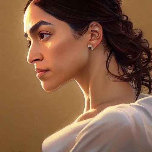 Image similar to ultra realistic illustration, alexandria ocasio - cortez politician, intricate, elegant, highly detailed, digital painting, artstation, concept art, smooth, sharp focus, illustration, art by artgerm and greg rutkowski and alphonse mucha