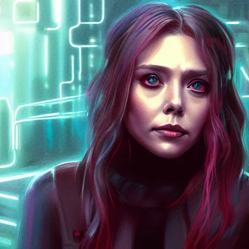 Image similar to Elizabeth olsen, cyberpunk, portrait, artstation