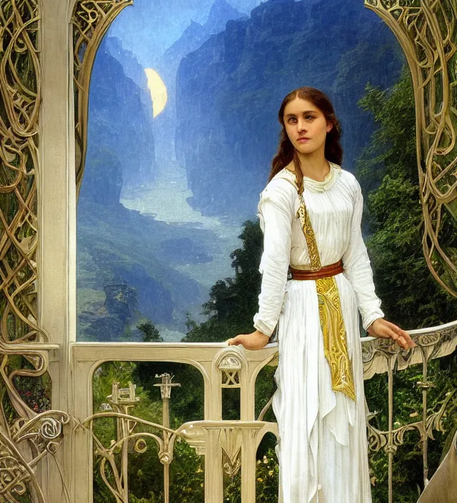 Image similar to intricate oil painting of a young alicia vikander with pointed ears wearing ornate white and light green dress with silver belt, looking out at sunrise over rivendell from her art nouveau balcony, elegant, digital painting, smooth, sharp focus, illustration, ultra realistic, 8 k, by bouguereau, alphonse mucha, artgerm, and donato giancola