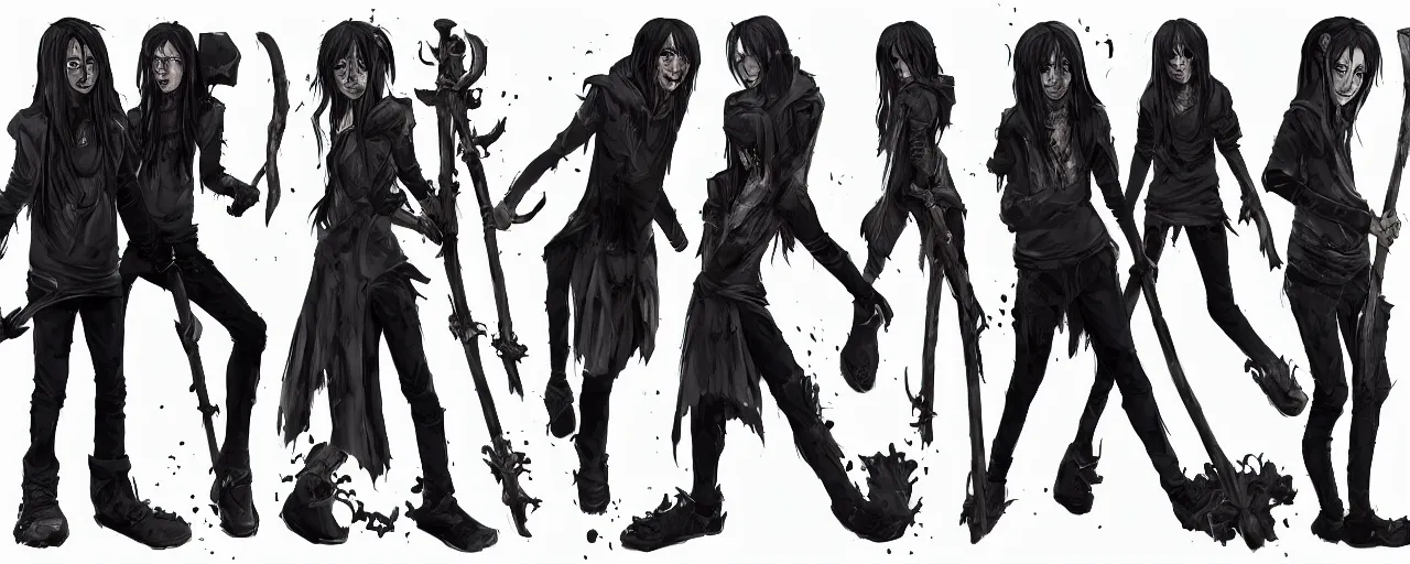 Prompt: A character sheet of a teenager with black long hair wearing a grey hoodie while wielding a staff made from a zombie arm, concept art, anime, Highly Detailed.