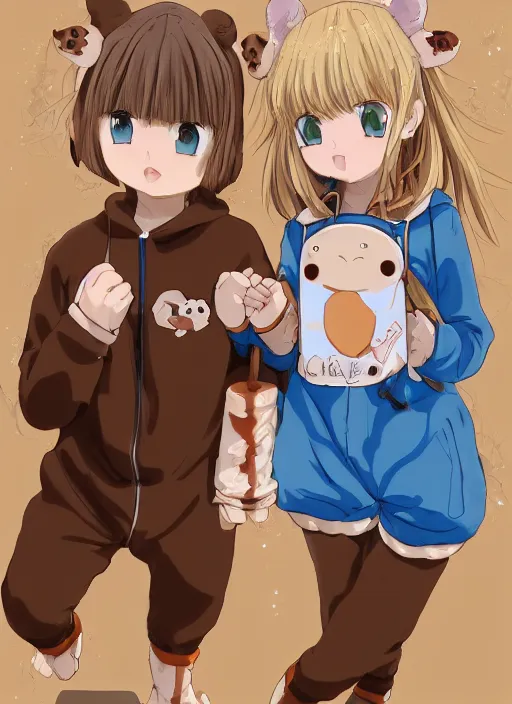 Image similar to highly detailed portrait of one blonde haired blue eyed and one brown haired brown eyed anime girl in animal themed onesies holding hands looking at us, happy, excited, digital art, cute, anime, detailed faces, well drawn faces, cute faces, hand drawn, 8 k, trending on artstation, detailed eyes, official media, by hayao miyazaki