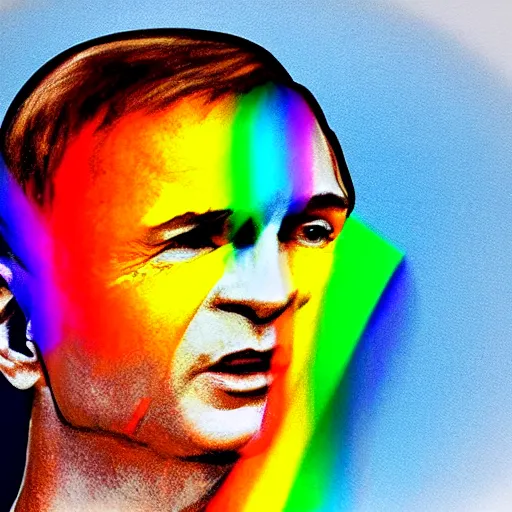 Image similar to Photo of Gay Pride Vladimir Putin, Photorealistic, rainbows