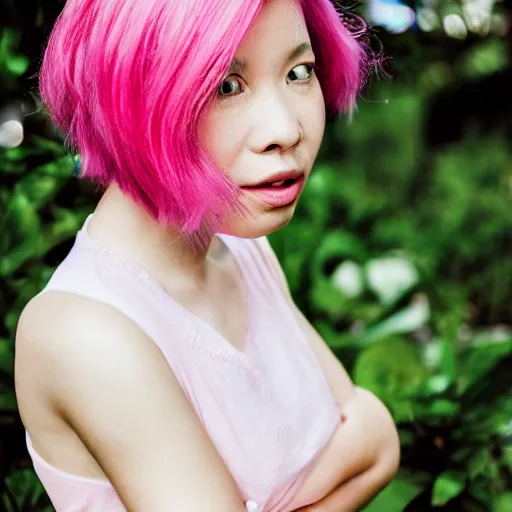 Image similar to a beautiful woman with pink hair and fair skin, portrait photograph, nikon 3 5 mm, photograph