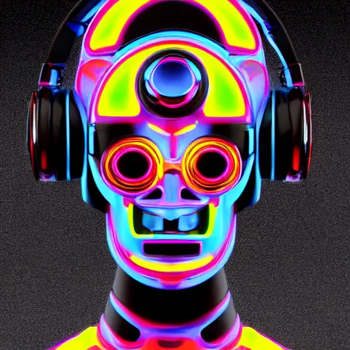Image similar to a glossy claymodel of a atompunk aztec futurism robot head with glowing headphones, 8 k, symetrical, flourescent colors, halluzinogenic, multicolored, very detailed, black background, 3 d render,