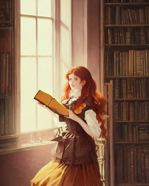 Image similar to a portrait of a victorian maid with long, flowing, auburn hair, detailed face, large eyes, happy, maid outfit, standing in a victorian reading room, window, short bookshelf, holding a stack of books, vivid colors, soft lighting, atmospheric, cinematic, moody, in the style of Ilya Kuvshinov and Range Murata, Krenz Cushart, oil on canvas, anime, 8K