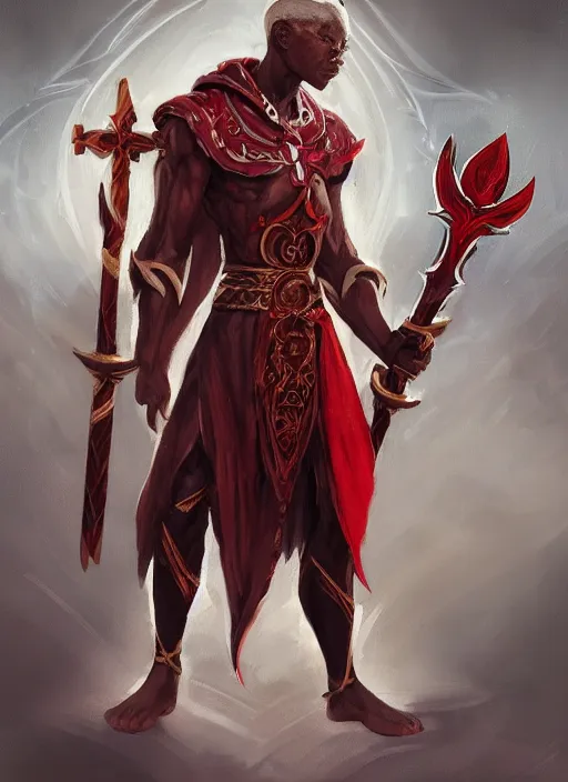 Image similar to a highly detailed illustration of short white haired african priest, wearing cross on robe, wielding red blades, strong standing pose, blood flowing around him, muscular, intricate, elegant, highly detailed, centered, digital painting, artstation, concept art, smooth, sharp focus, league of legends concept art, WLOP