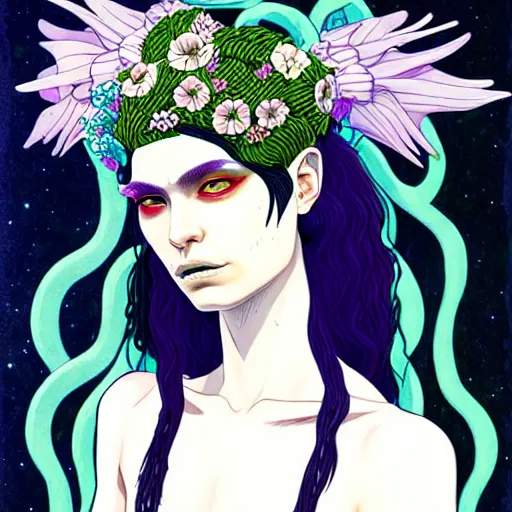 Prompt: the non-binary deity of Spring, resembling a mix of Grimes, Aurora Aksnes, and Zoë Kravitz, in a style blend of Botticelli, Möbius and Æon Flux, stunningly detailed artwork, very fine inking lines