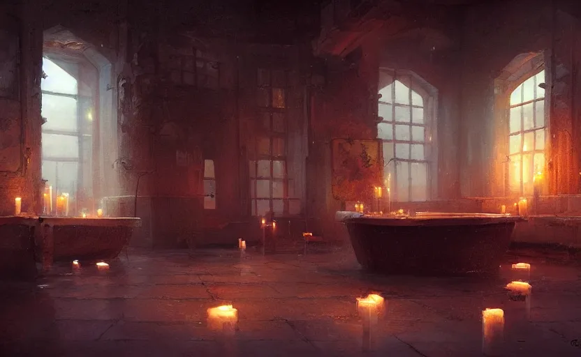 Prompt: painting of an interior of a bath house with candles, concept art, by greg rutkowski and craig mullins, cozy atmospheric and cinematic lighting, trending on artstation