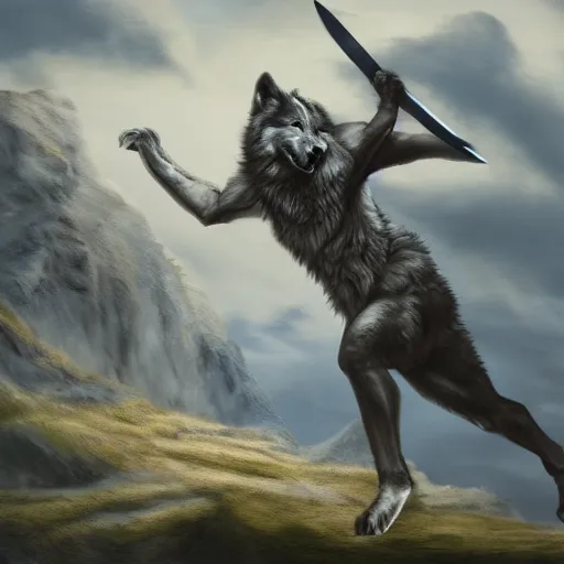 Prompt: wolf biting a sword while running, matte fantasy painting