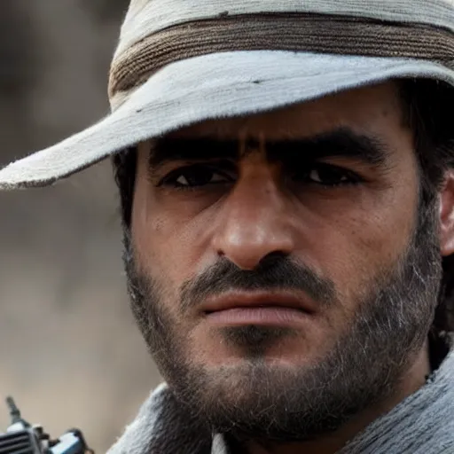 Prompt: close-up of a Kurdish detective in a movie directed by Christopher Nolan, movie still frame, promotional image, imax 70 mm footage