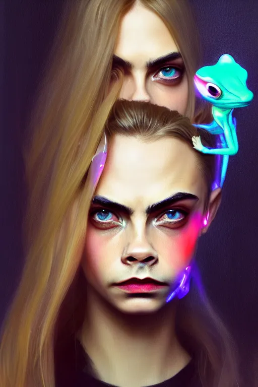 Prompt: a portrait of cara delevingne with frog makeup, cyberpunk, fantasy, neon lights, sharp focus, intricate, elegant, digital painting, artstation, matte, highly detailed, concept art, illustration, ambient lighting, art by ruan jia and artgerm and range murata and wlop and ross tran and william, adolphe bouguereau and beeple