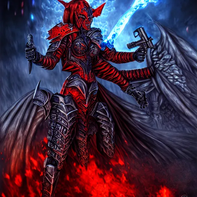 Image similar to hell knight with firepowers, highly detailed, 4 k, hdr, smooth, sharp focus, high resolution, award - winning photo, anne stokes, photorealistic, digital art