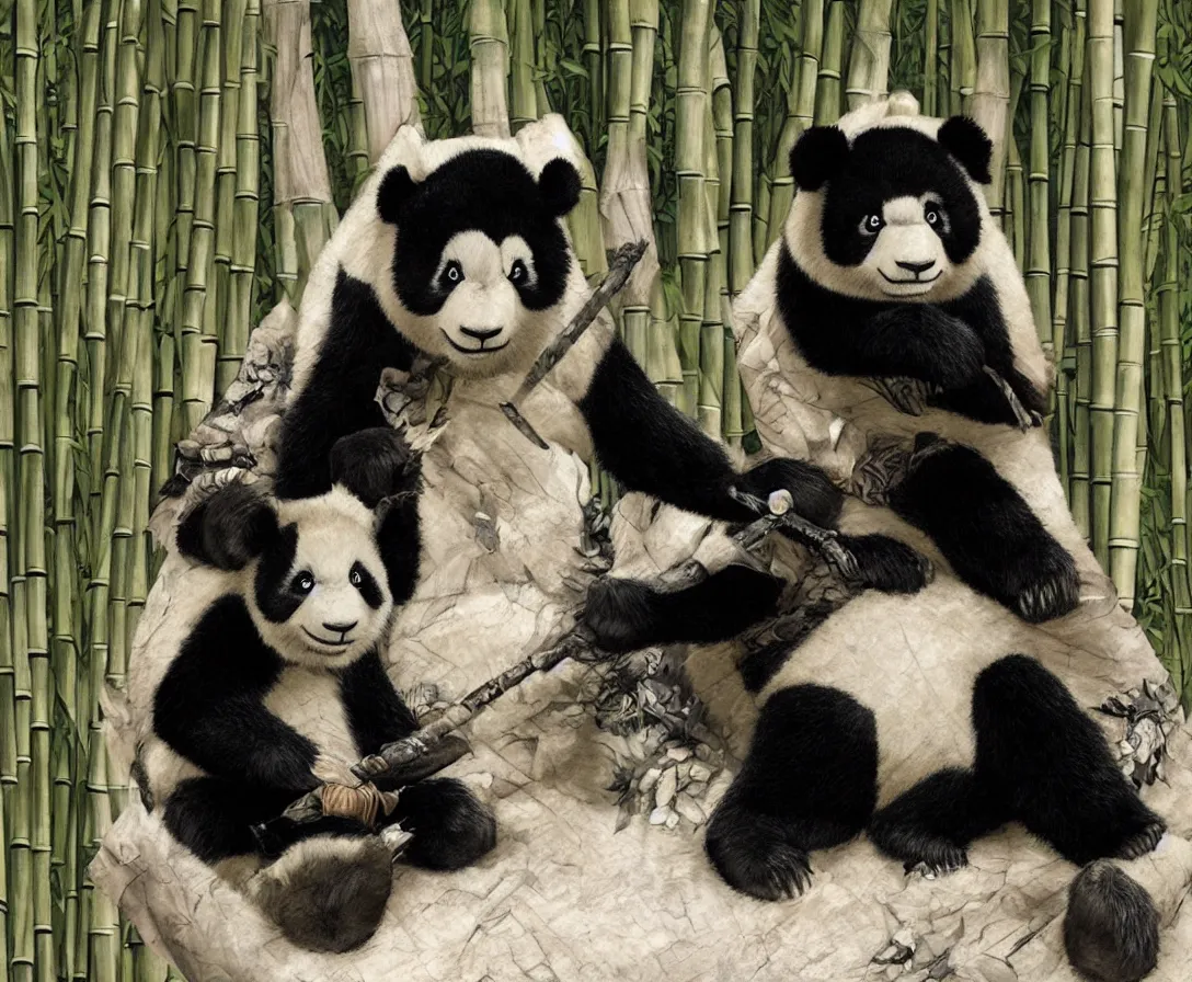 Prompt: anime panda sitting on a bamboo throne, game of thrones