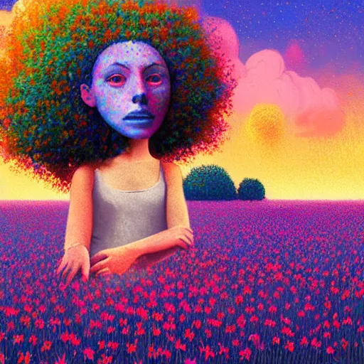 Image similar to girl with surreal flower as a face, flower field, big trees, sunrise dramatic light, impressionist painting, colorful clouds, digital painting, pointillism, artstation, simon stalenhag
