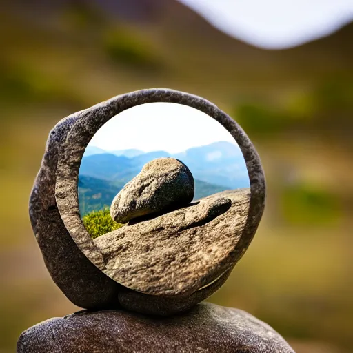 Prompt: Photograph of two rocks with googly eyes at edge of a mountain in a savana