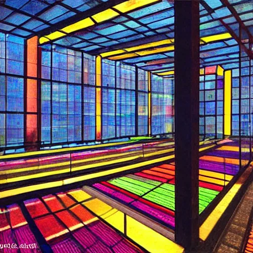Prompt: A beautiful mixed mediart. The prison walls are glass. There is a sun far above, almost like the real one but not quite right, paler. Millions of glass-walled, glass floored cells stretch to infinity around me. The light filters through the transparent surfaces and makes rainbow colours on the floor. by Ernie Barnes, by Gabriele Münter improvisational, hyperdetailed