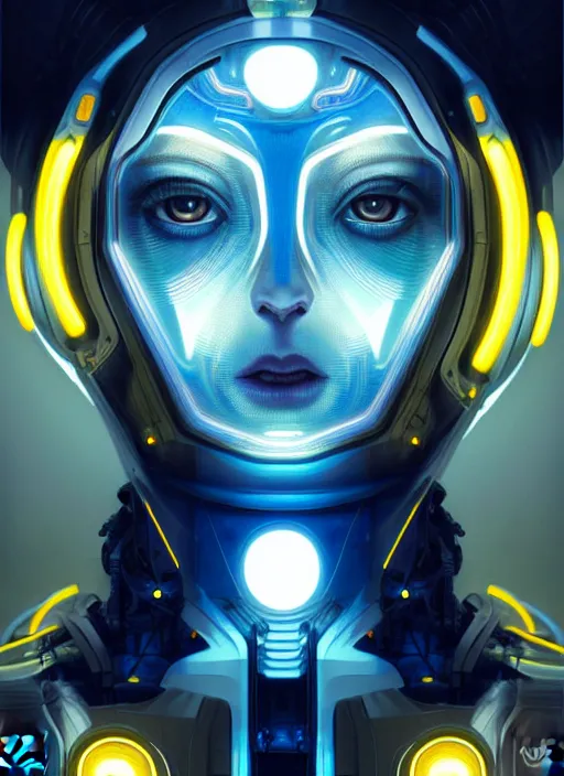 Image similar to symmetry!! portrait of a robot with big eyes, sci - fi, tech wear, blue and yellow glowing lights!! intricate, elegant, highly detailed, digital painting, artstation, concept art, smooth, sharp focus, illustration, art by artgerm and greg rutkowski and alphonse mucha