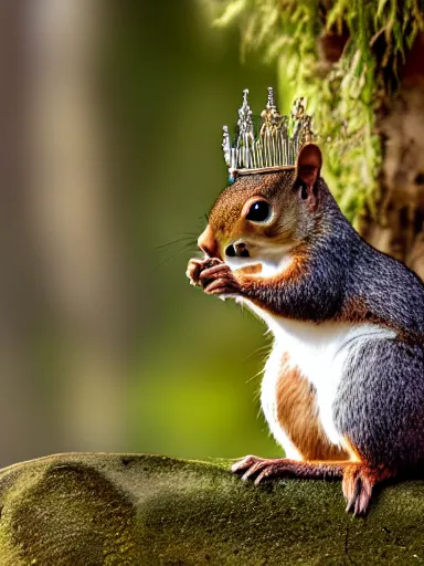 Prompt: a squirrel as king arthur, extremely plump, wearing crown of acorns and dandelions, crown, crown, servant squirrels, king arthur's court, game of thrones, sitting on throne, extreme wide shot, low angle, palace, fantasy art, cinematic lighting, realistic, sony 2 4 mm f 8. 0