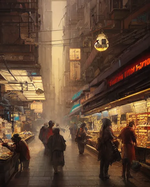 Image similar to a highly detailed epic cinematic concept art CG render digital painting artwork: Tokyo city market. By Greg Rutkowski, in the style of Francis Bacon and Syd Mead and Norman Rockwell and Beksinski, open ceiling, highly detailed, painted by Francis Bacon and Edward Hopper, painted by James Gilleard, surrealism, airbrush, Ilya Kuvshinov, WLOP, Stanley Artgerm, very coherent, triadic color scheme, art by Takato Yamamoto and James Jean