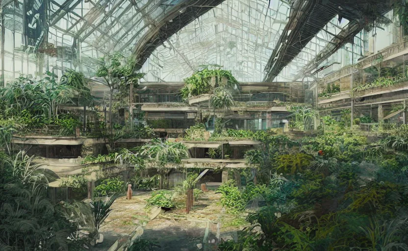 Prompt: Interior of an abandoned shopping mall overgrown with plants, rendered by Beeple, by Makoto Shinkai, synthwave style, environment concept, digital art, unreal engine, WLOP, trending on artstation, 4K UHD image,