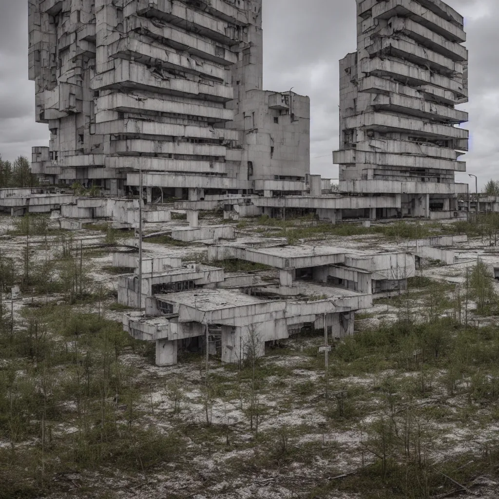 Image similar to brutalist soviet architecture, abandoned city, in the swamps, 4 k, professional photography