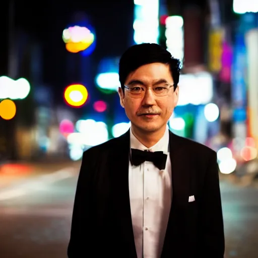 Prompt: night portrait of an adult asian man wearing a tuxedo in the streets of akihabara, depth of field bokeh